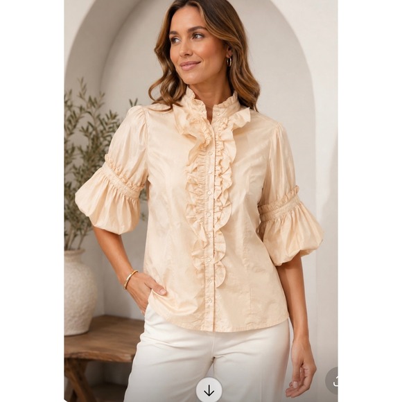 bebe Tops - Vtg Bebe Women Ivory Ruffle High Neck Puff Sleeve Button Down Blouse Small